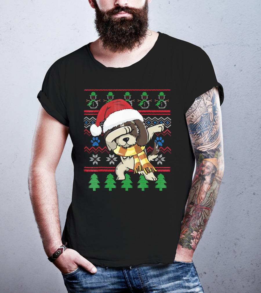 Shih Tzu Dabbing UglyStyle Christmas Santa Hat Scarf Snowflakes Trees T-Shirt