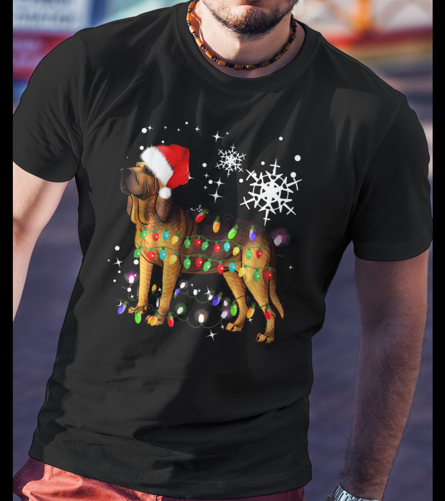Bloodhound Dog Wrapped In Christmas Lights Santa Hat Snowflakes T-Shirt