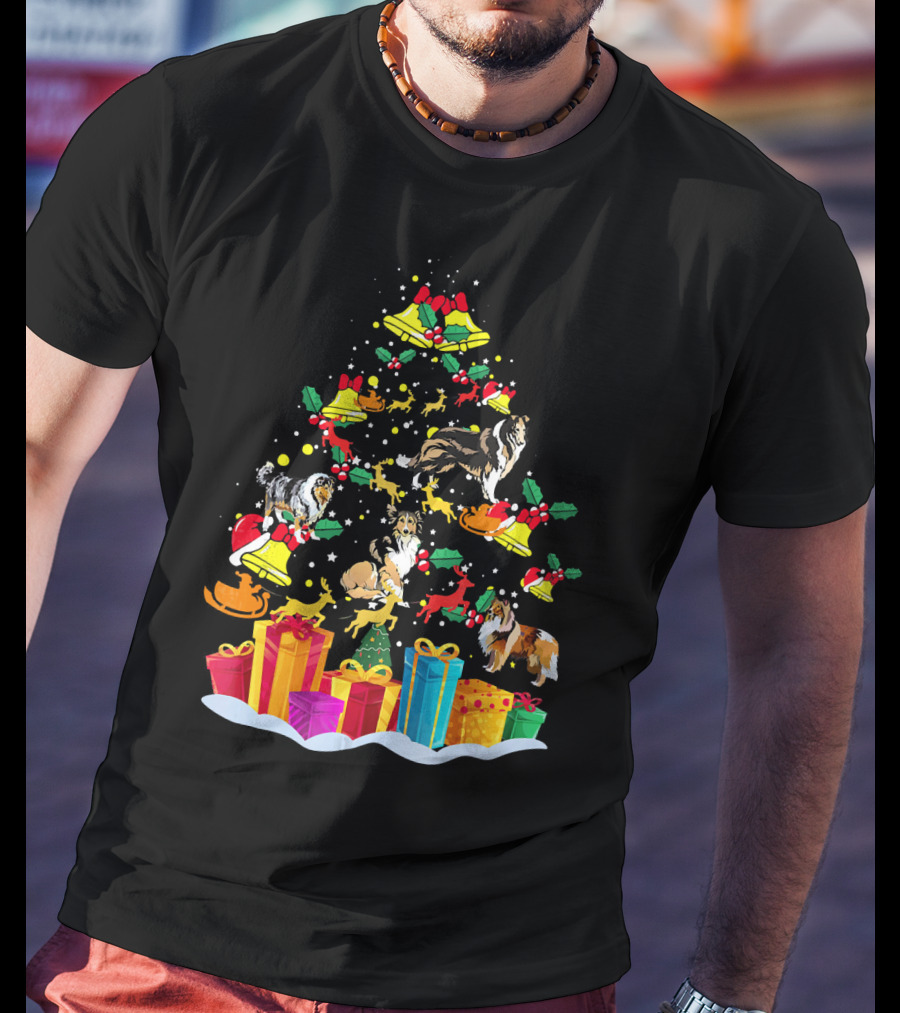 Rough Collie Christmas Tree Funny Reindeer Presents Holiday Bells T-Shirt