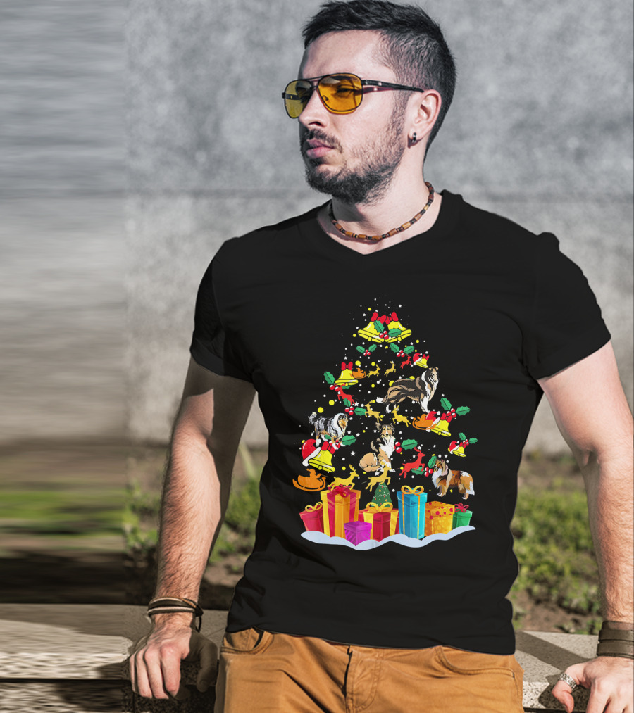 Rough Collie Christmas Tree Funny Reindeer Presents Holiday Bells T-Shirt