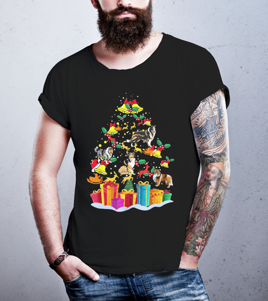 Rough Collie Christmas Tree Funny Reindeer Presents Holiday Bells T-Shirt