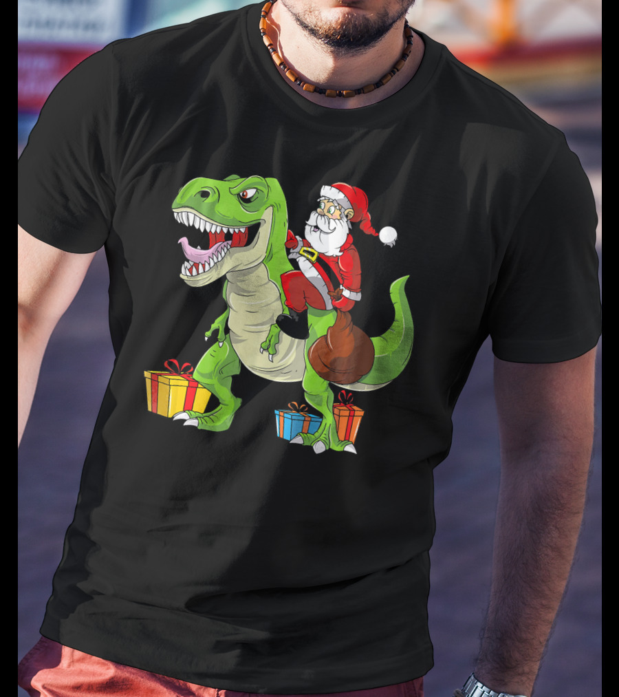 Funny Christmas Kids Santa Riding Dinosaur With Gifts T-Shirt