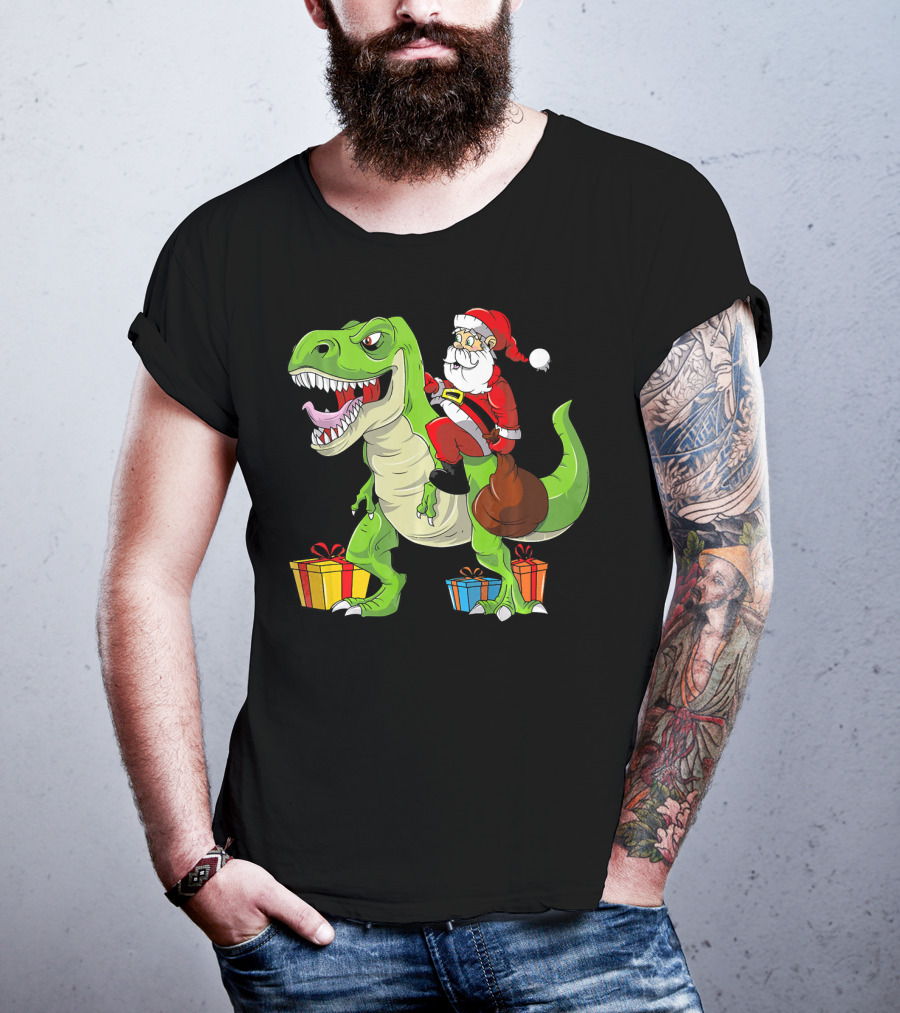 Funny Christmas Kids Santa Riding Dinosaur With Gifts T-Shirt