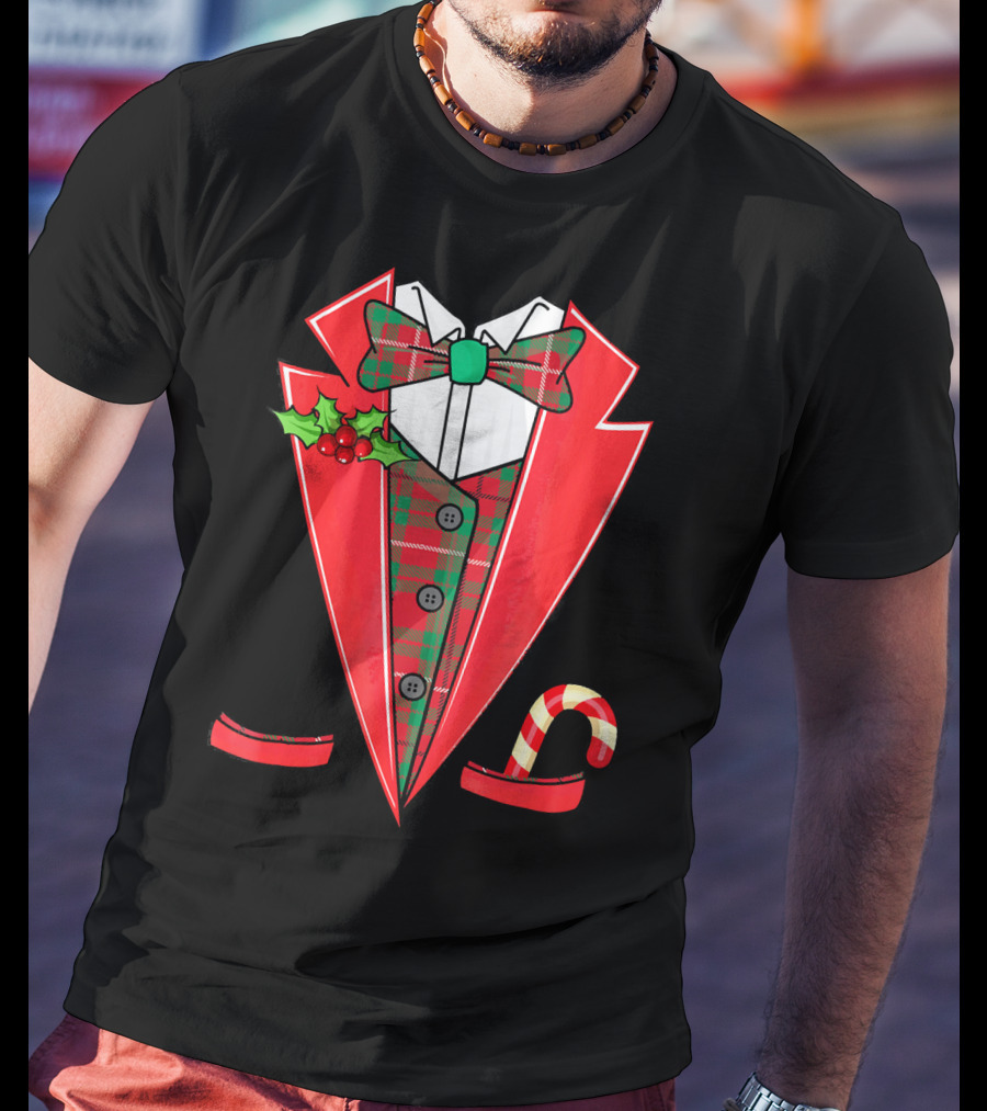 Tux Christmas Fancy Xmas Costume Red Suit Bow Candy Cane T-Shirt