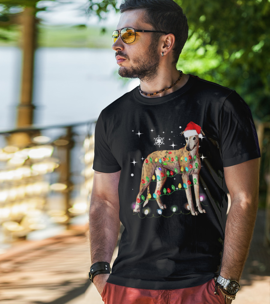 Greyhound Dog With Christmas Lights And Santa Hat T-Shirt