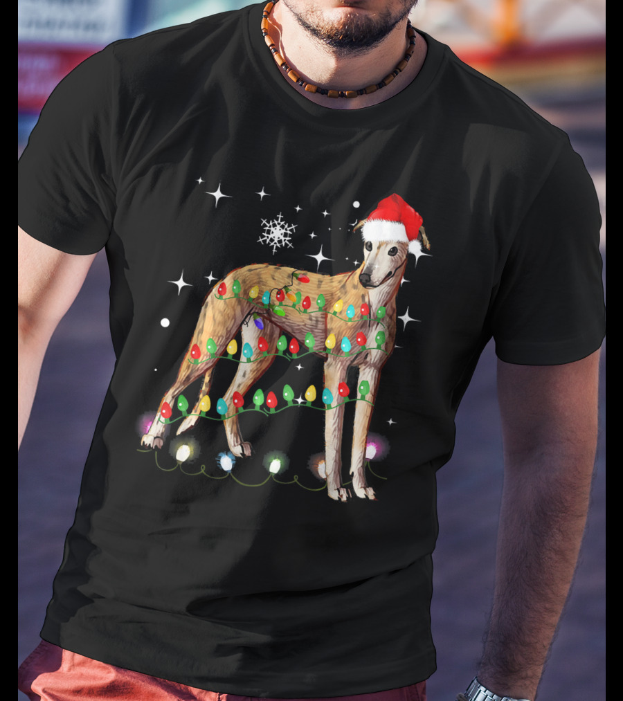 Greyhound Dog With Christmas Lights And Santa Hat T-Shirt