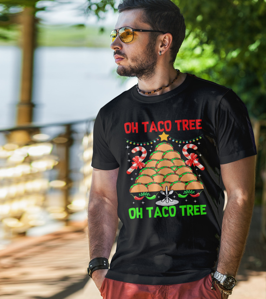 Oh Taco Tree Christmas Candy Cane Funny Party T-Shirt