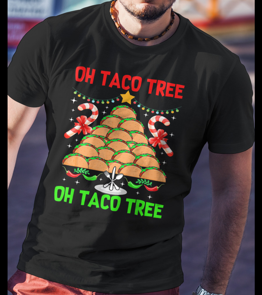 Oh Taco Tree Christmas Candy Cane Funny Party T-Shirt