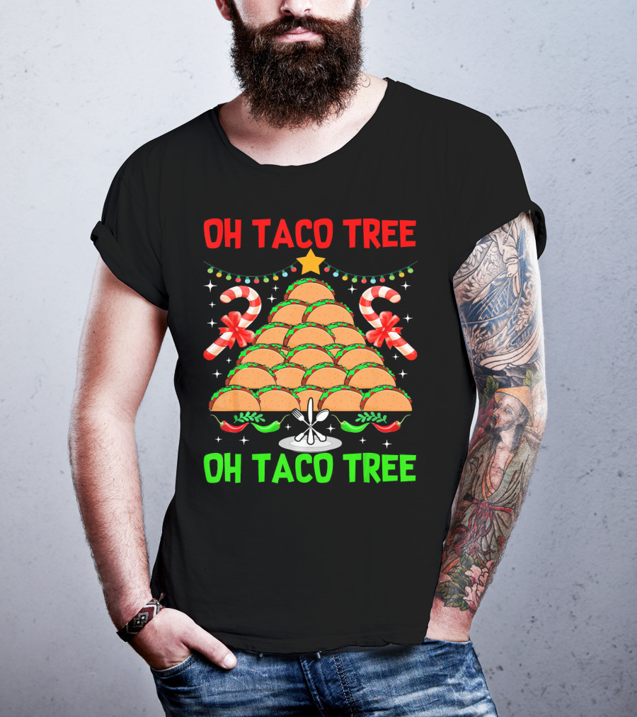 Oh Taco Tree Christmas Candy Cane Funny Party T-Shirt