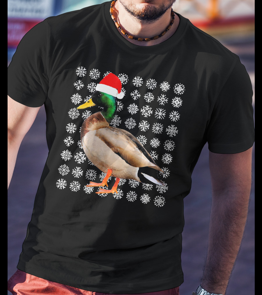 Mallard Duck In Santa Hat With Snowflake Pattern Background T-Shirt