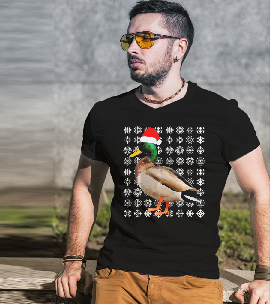 Mallard Duck In Santa Hat With Snowflake Pattern Background T-Shirt