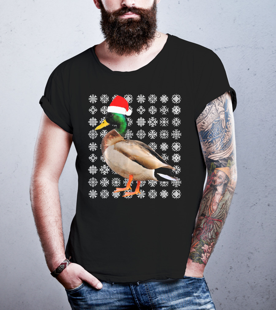 Mallard Duck In Santa Hat With Snowflake Pattern Background T-Shirt
