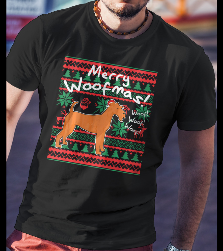 Merry Woofmas Irish Terrier Dog Woof Woof Santas Hat Fair Isle Pattern Sweater Holiday T-Shirt