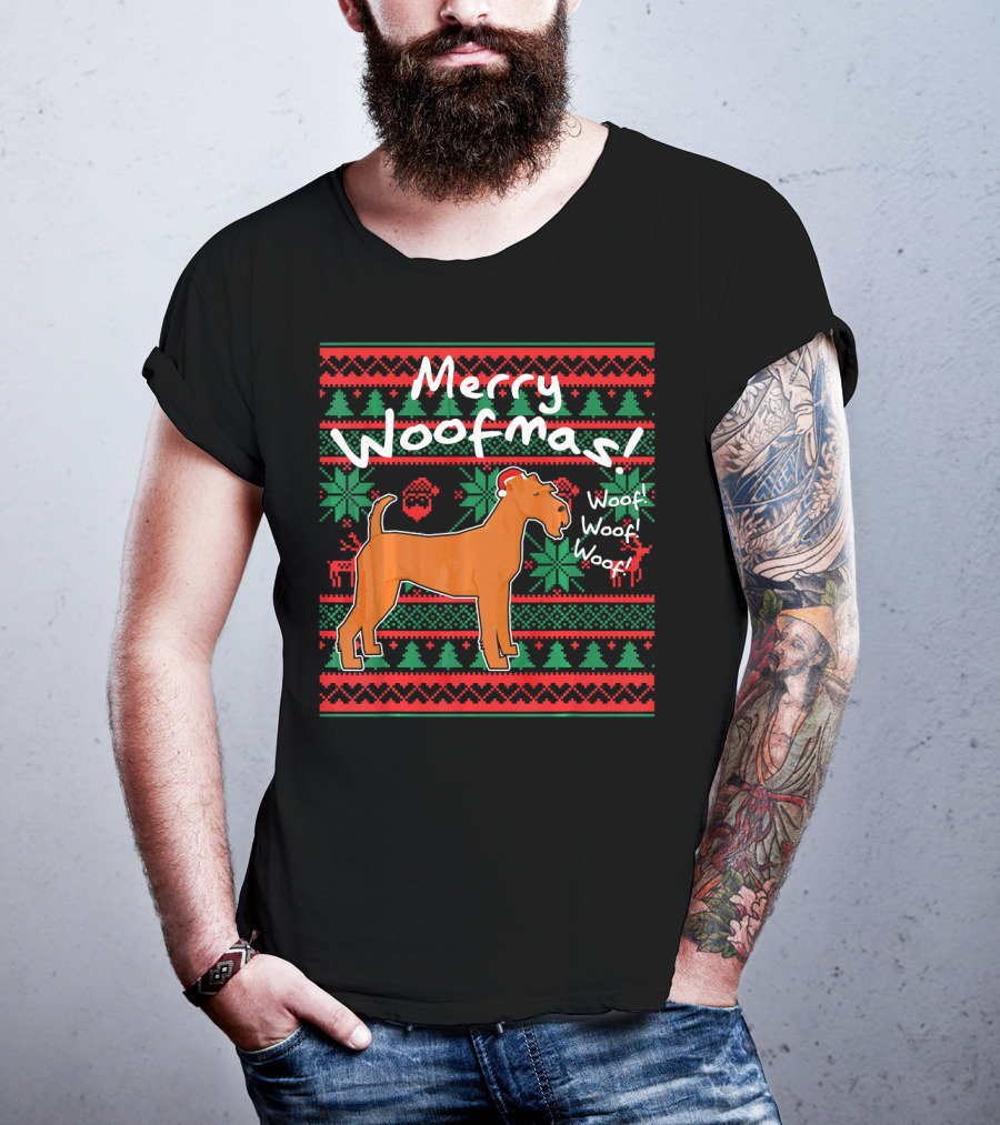 Merry Woofmas Irish Terrier Dog Woof Woof Santas Hat Fair Isle Pattern Sweater Holiday T-Shirt