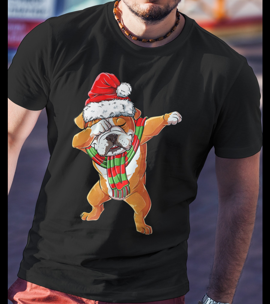 Dabbing English Bulldog Santa Claus With Christmas Hat And Scarf T-Shirt