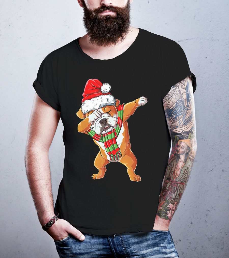 Dabbing English Bulldog Santa Claus With Christmas Hat And Scarf T-Shirt