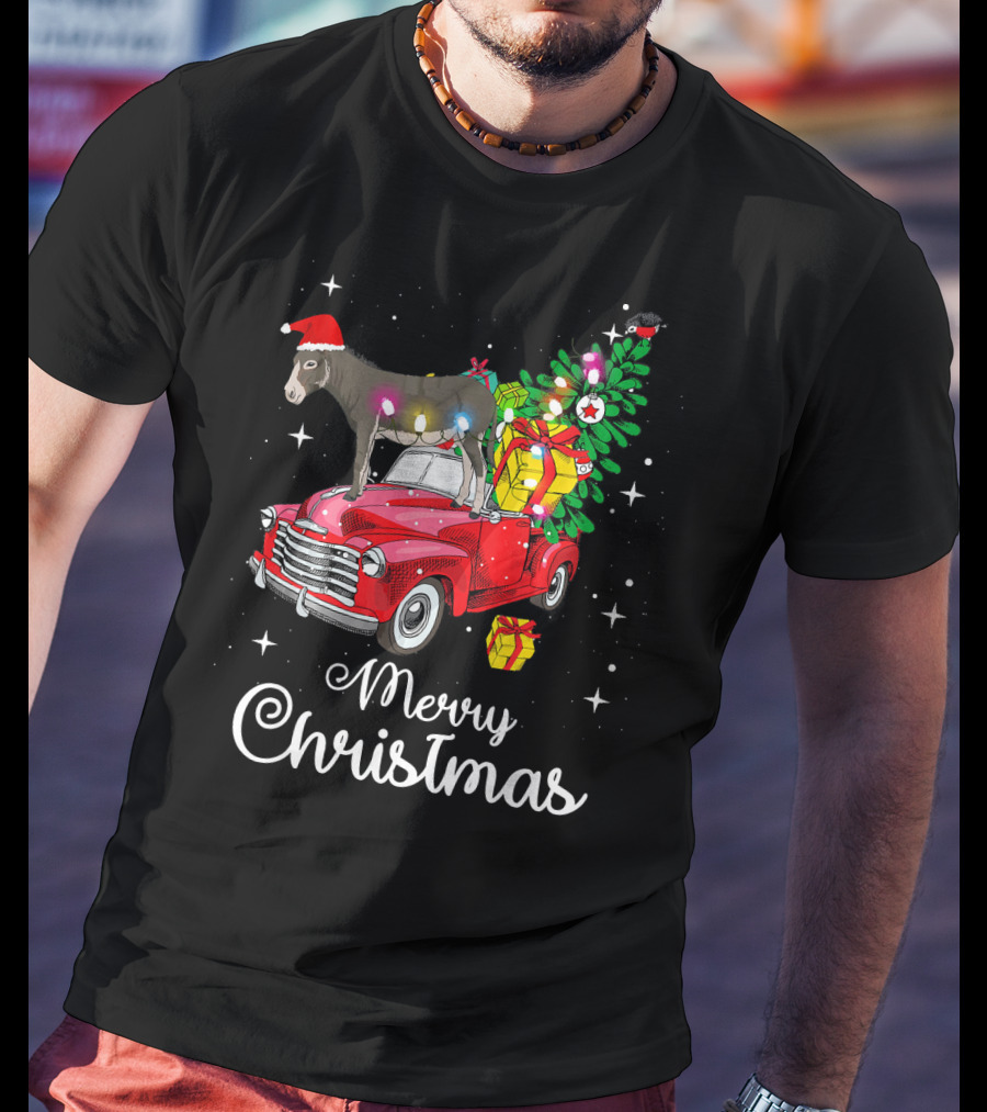 Merry Christmas Donkey Rides Red Truck With Santa Hat And Presents T-Shirt