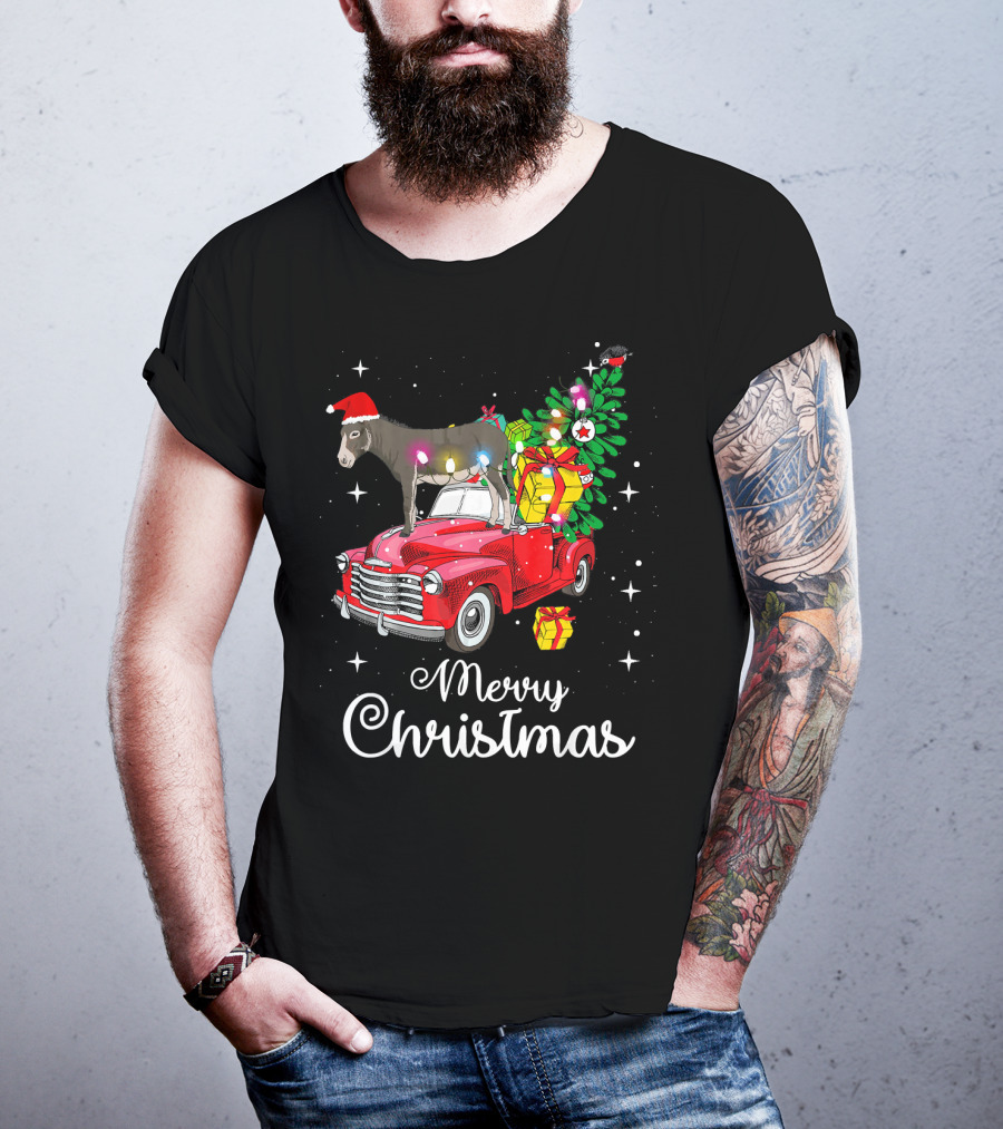 Merry Christmas Donkey Rides Red Truck With Santa Hat And Presents T-Shirt