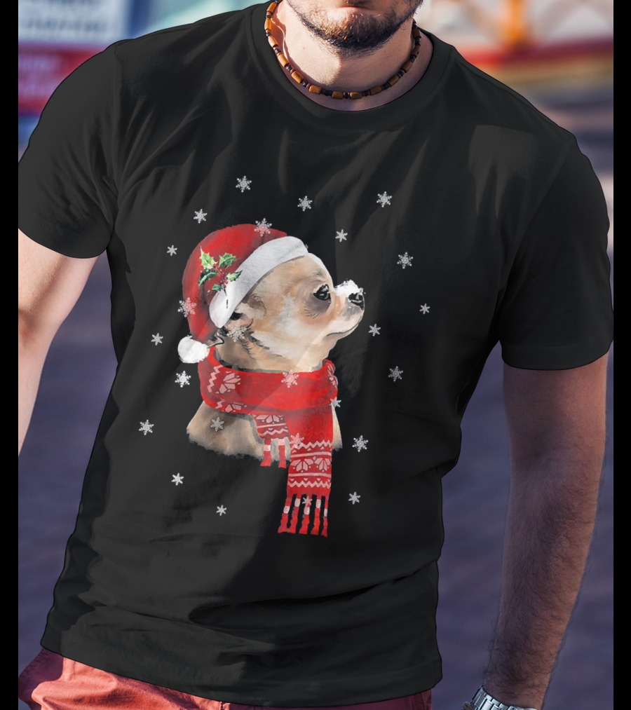 Chihuahua Christmas Cute Chihuahua Lover Festive Santa Hat And Scarf Snowflakes T-Shirt