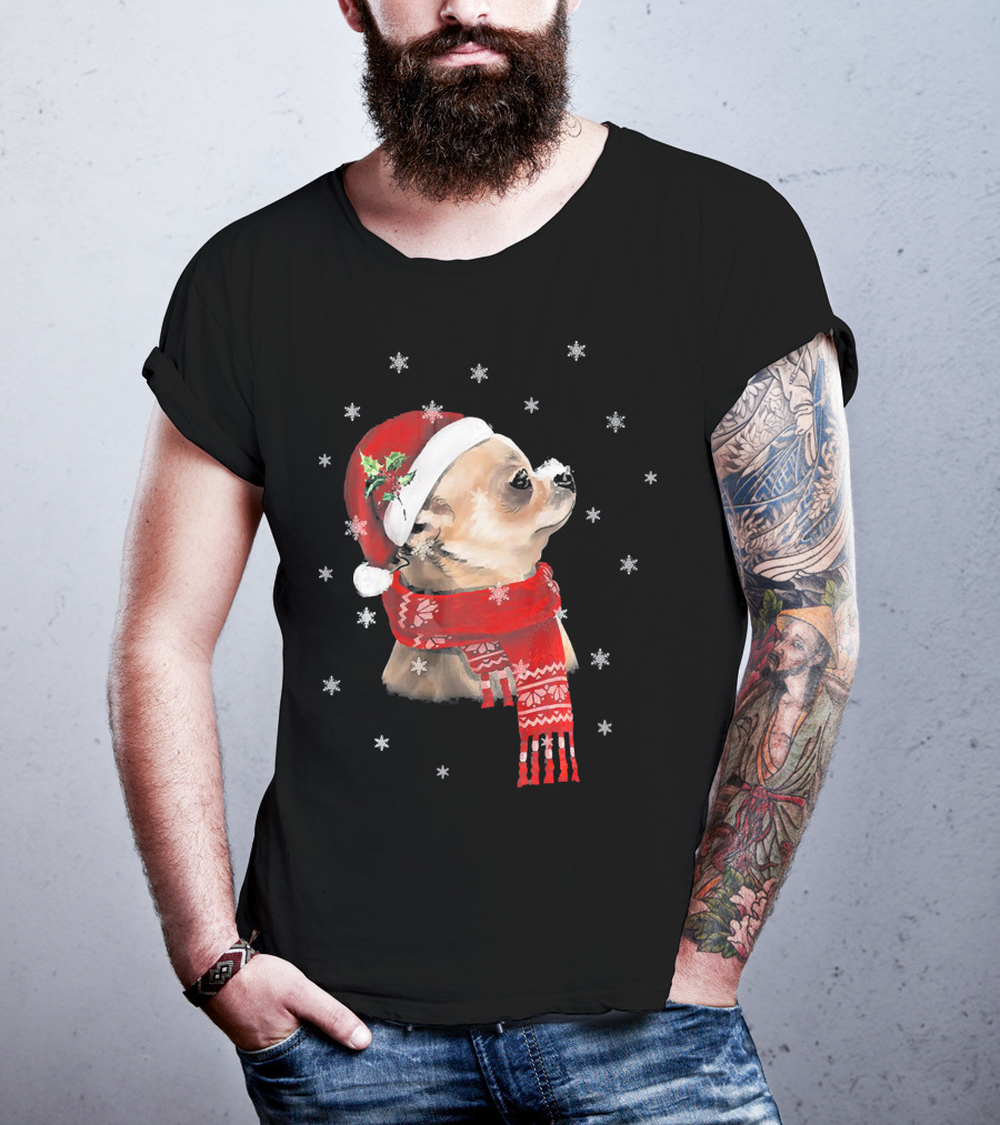 Chihuahua Christmas Cute Chihuahua Lover Festive Santa Hat And Scarf Snowflakes T-Shirt
