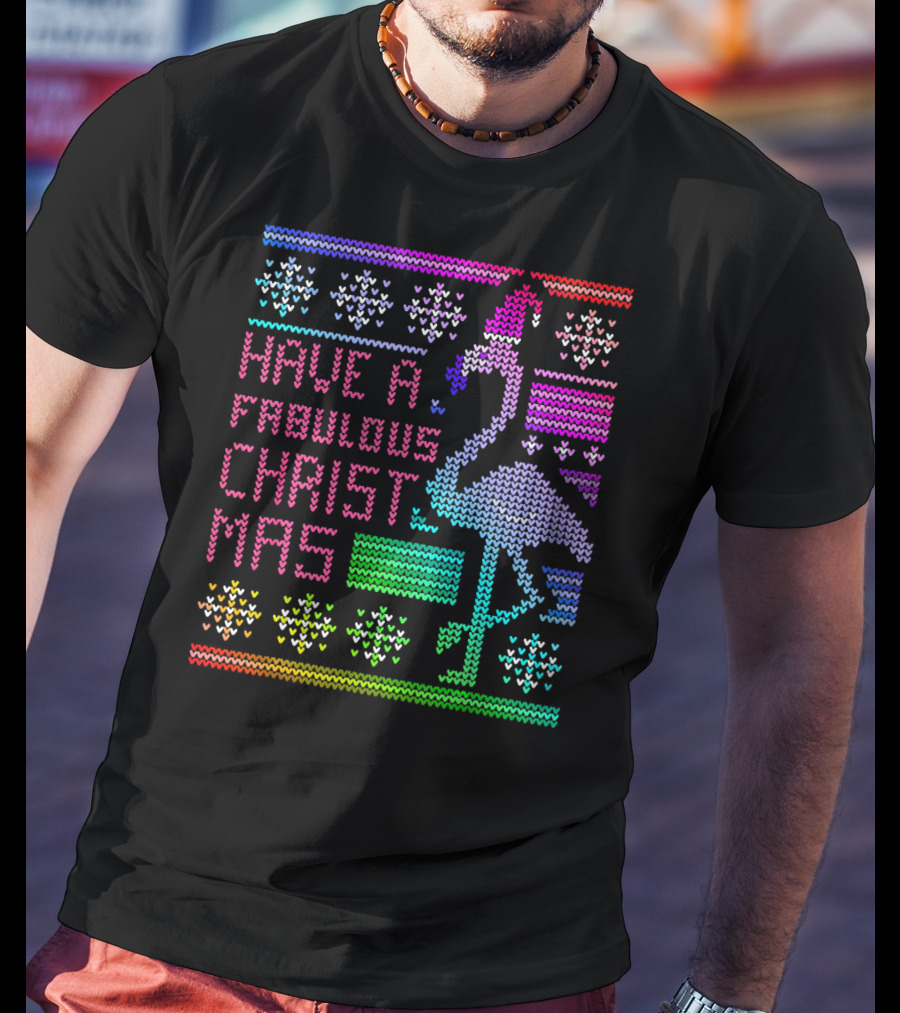 Have A Fabulous Christmas Flamingo Ugly Christmas Rainbow T-Shirt