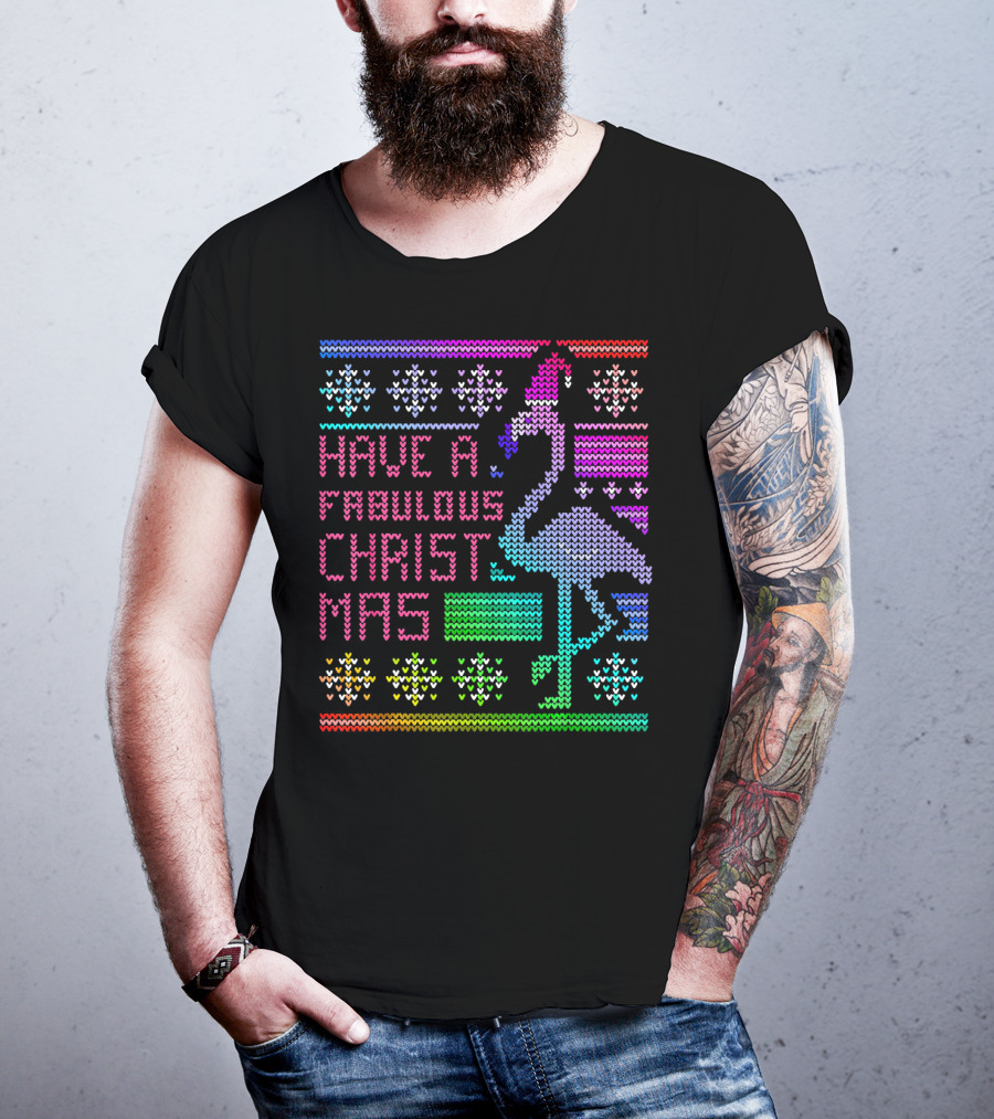 Have A Fabulous Christmas Flamingo Ugly Christmas Rainbow T-Shirt