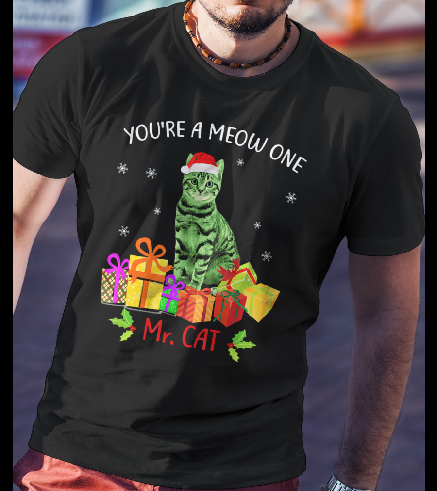 You're A Meow One Mr. Cat Christmas Holiday With Presents And Santa Hat T-Shirt