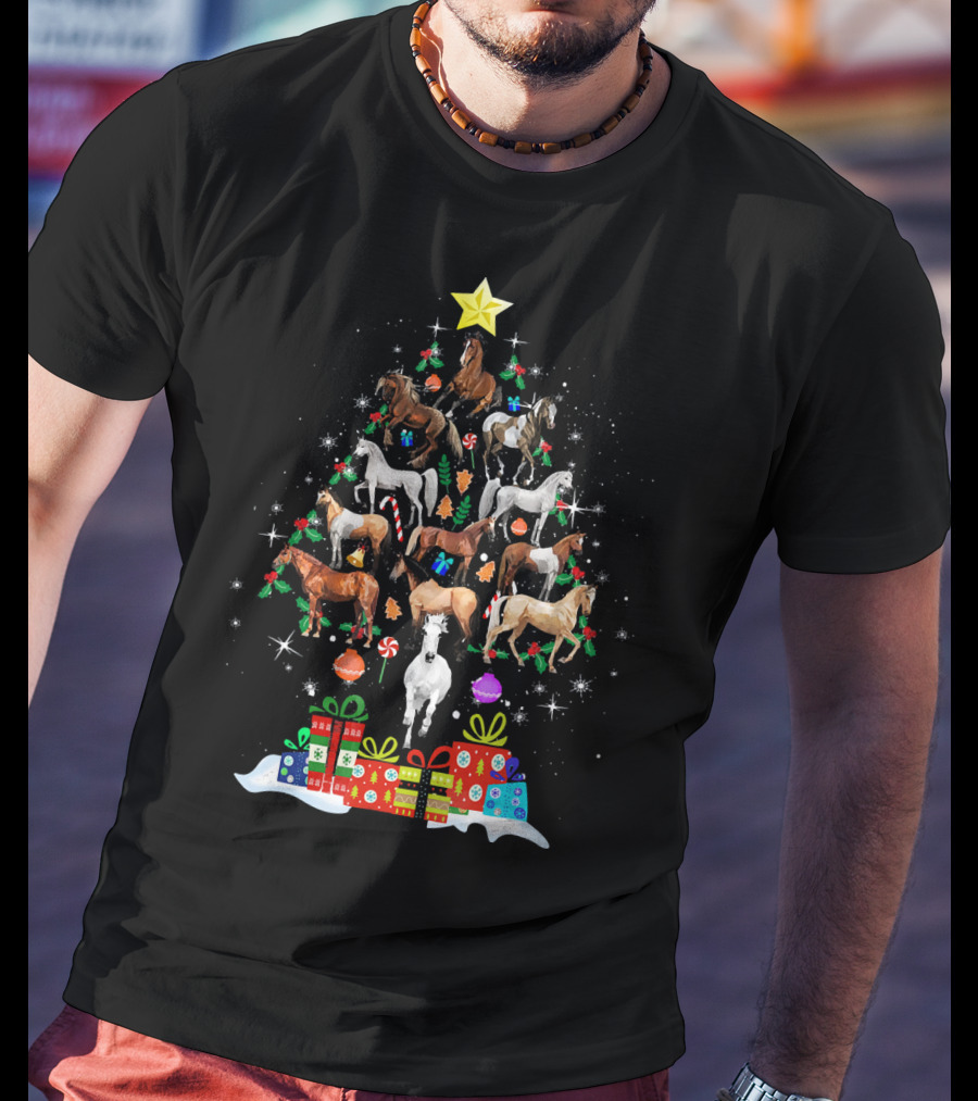 Horse Christmas Tree With Star And Holiday Gifts T-Shirt