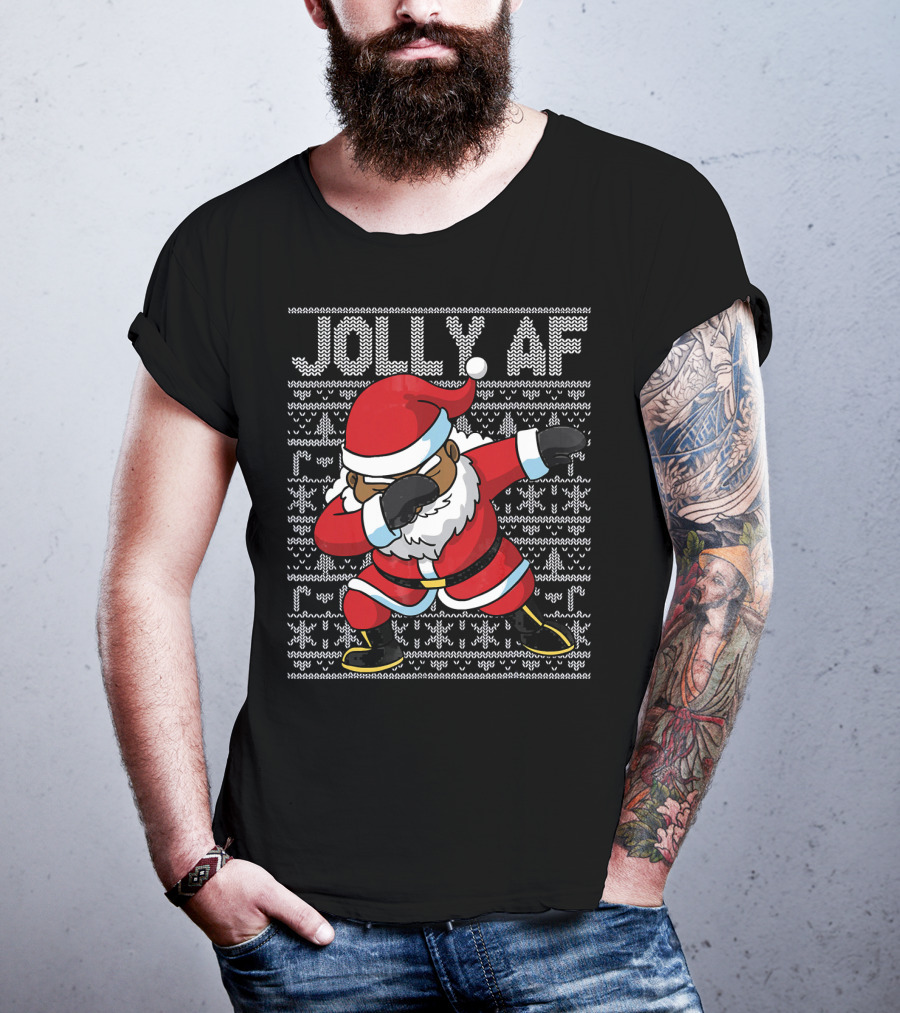 Jolly AF Christmas Dabbing Black Santa T-Shirt