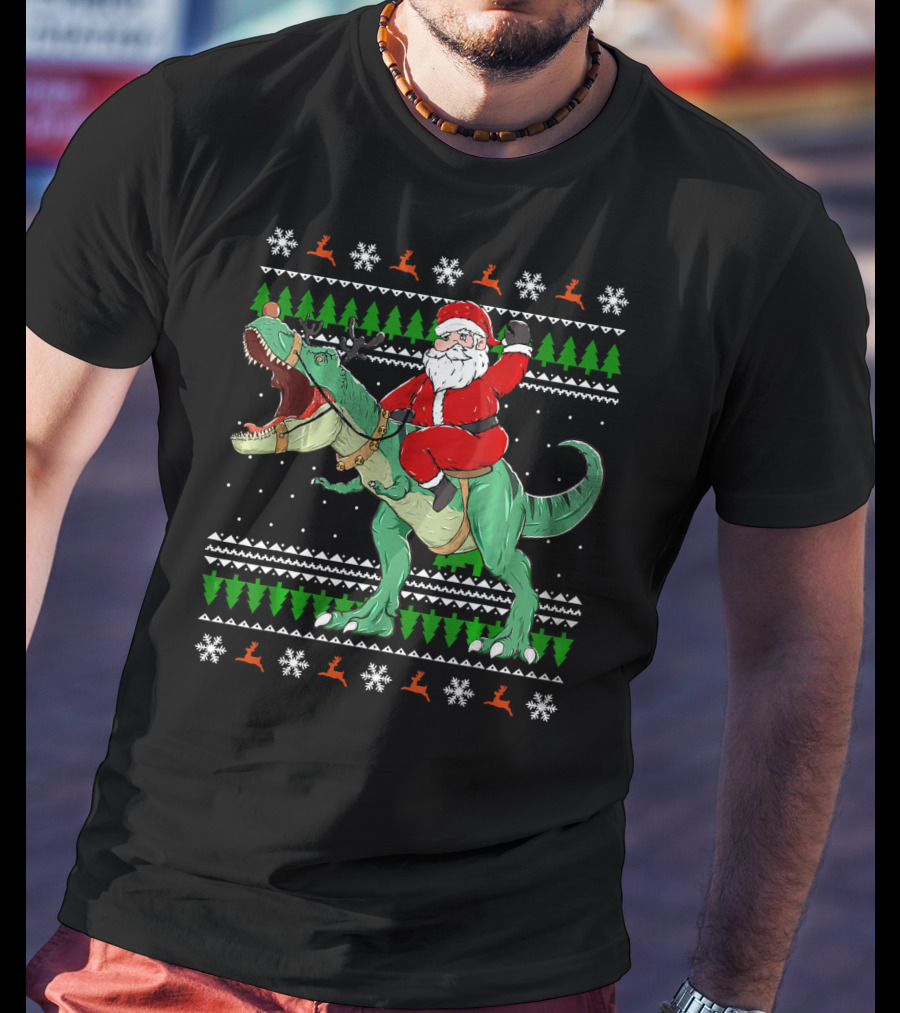 Santa Riding Dino Ugly Christmas Sweater With Snowflakes And Reindeer T-Shirt