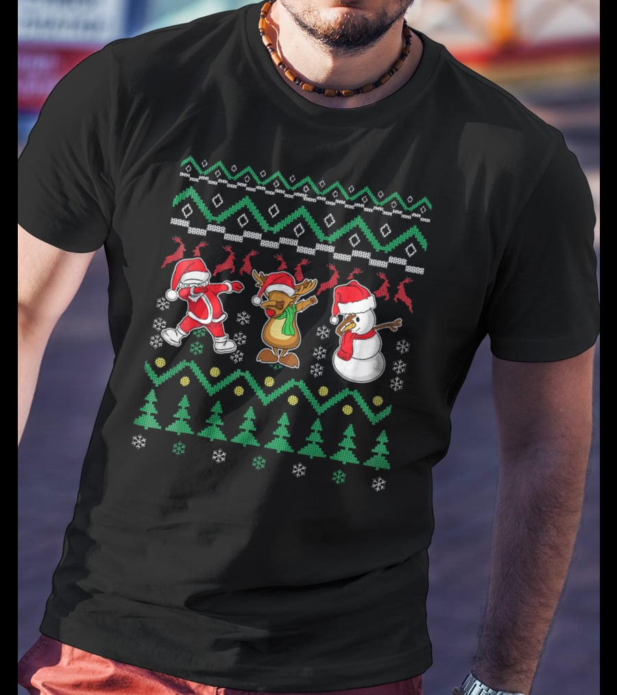 Santa Reindeer Snowman Dabbing Christmas T-Shirt