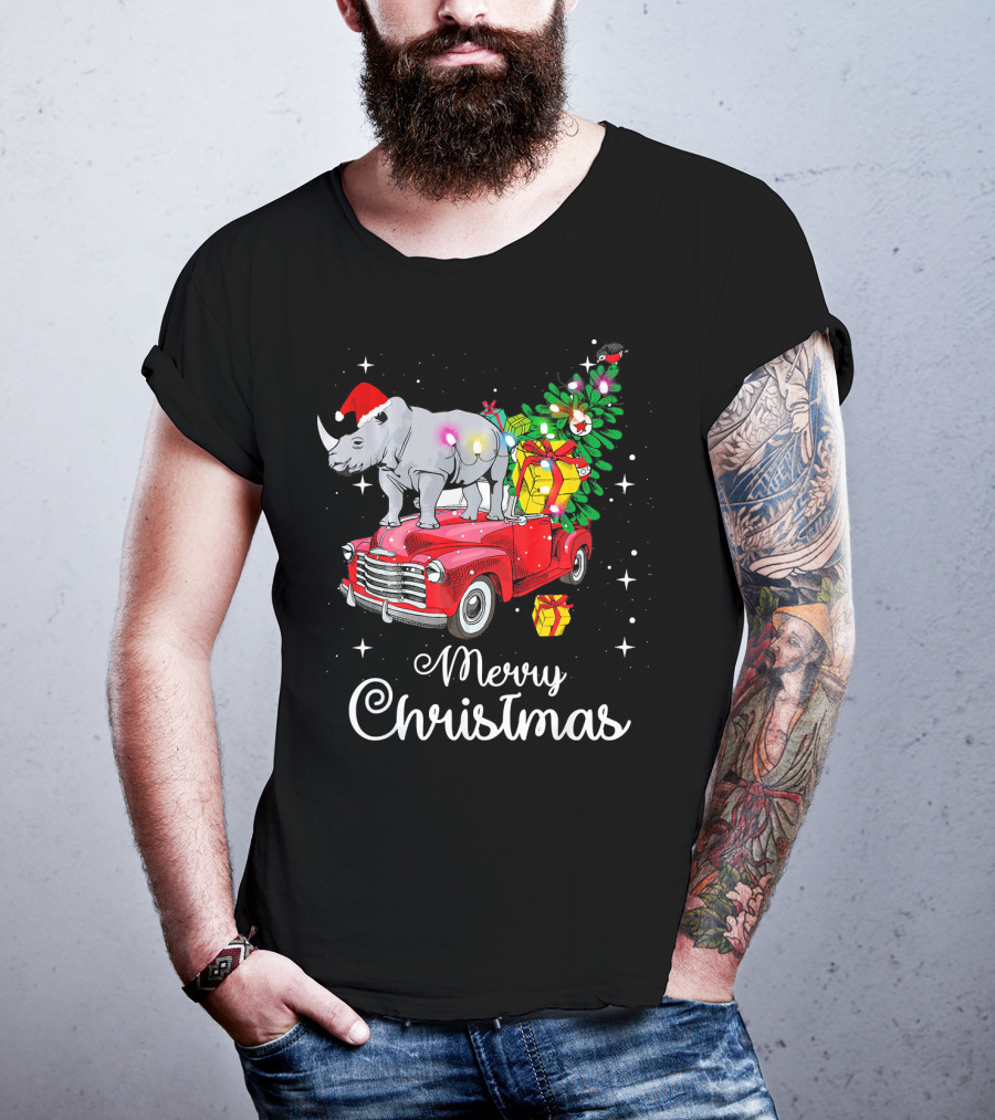 Merry Christmas Rhino Santa Hat On Red Truck With Christmas Tree And Gifts T-Shirt