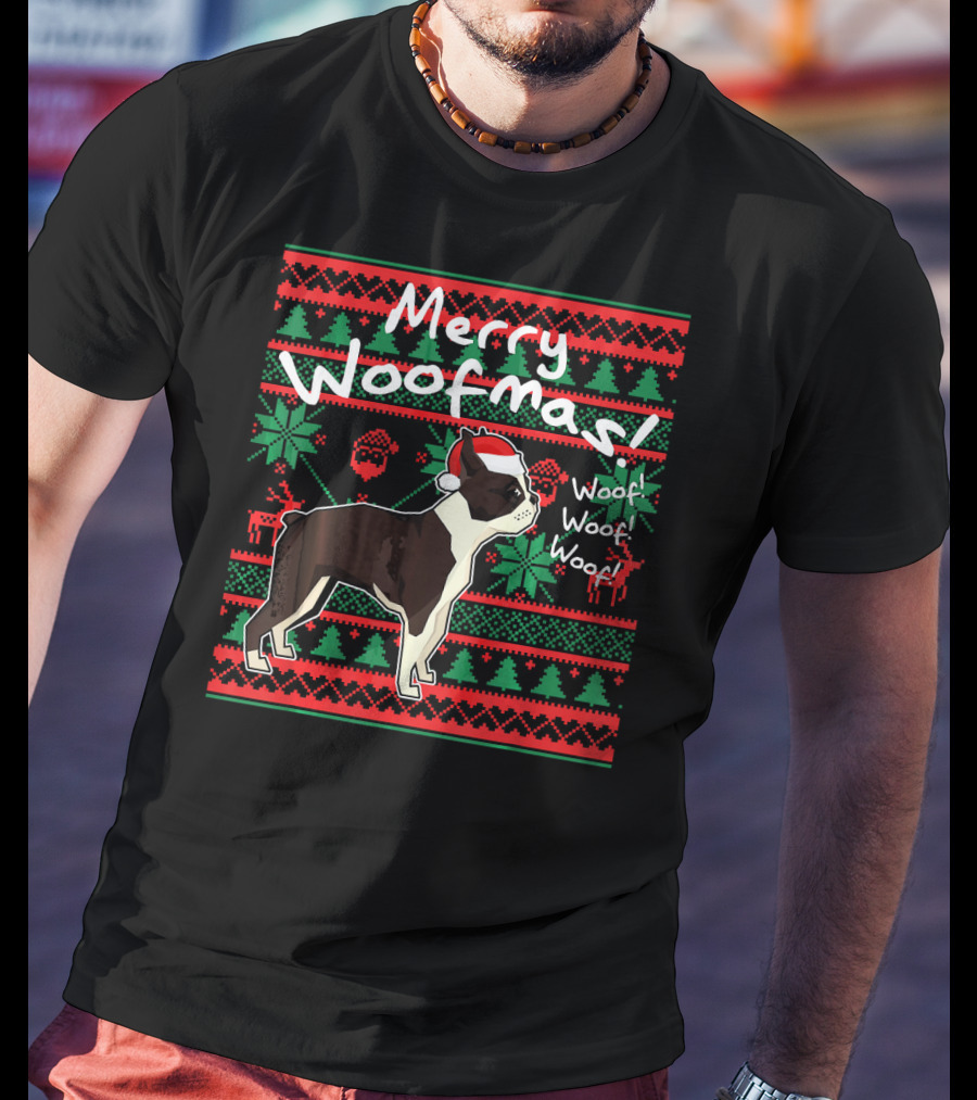Merry Woofmas Boston Terrier Woof Woof Santa Hat Christmas T-Shirt