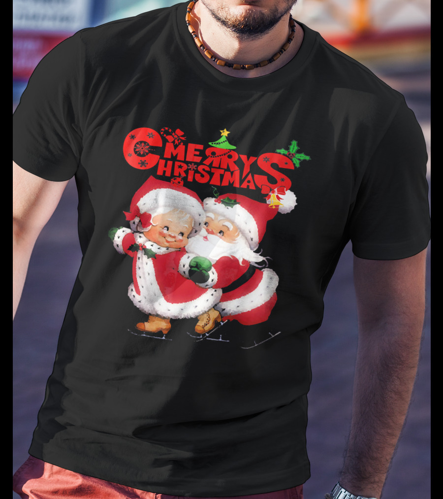 Merry Christmas Cute Mrs Claus And Santa Skating T-Shirt