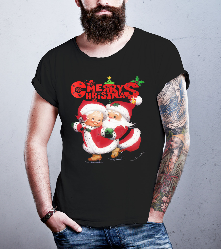 Merry Christmas Cute Mrs Claus And Santa Skating T-Shirt