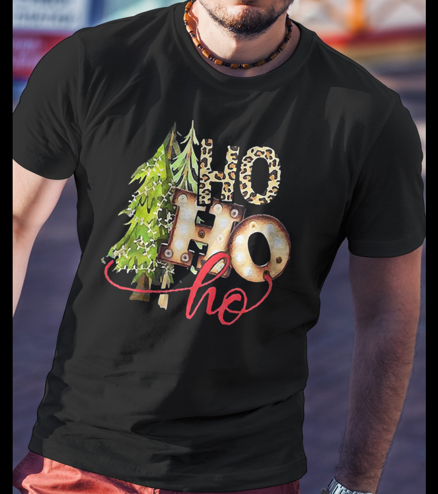 Pine Trees Ho Ho Ho Christmas Lights Leopard Print T-Shirt