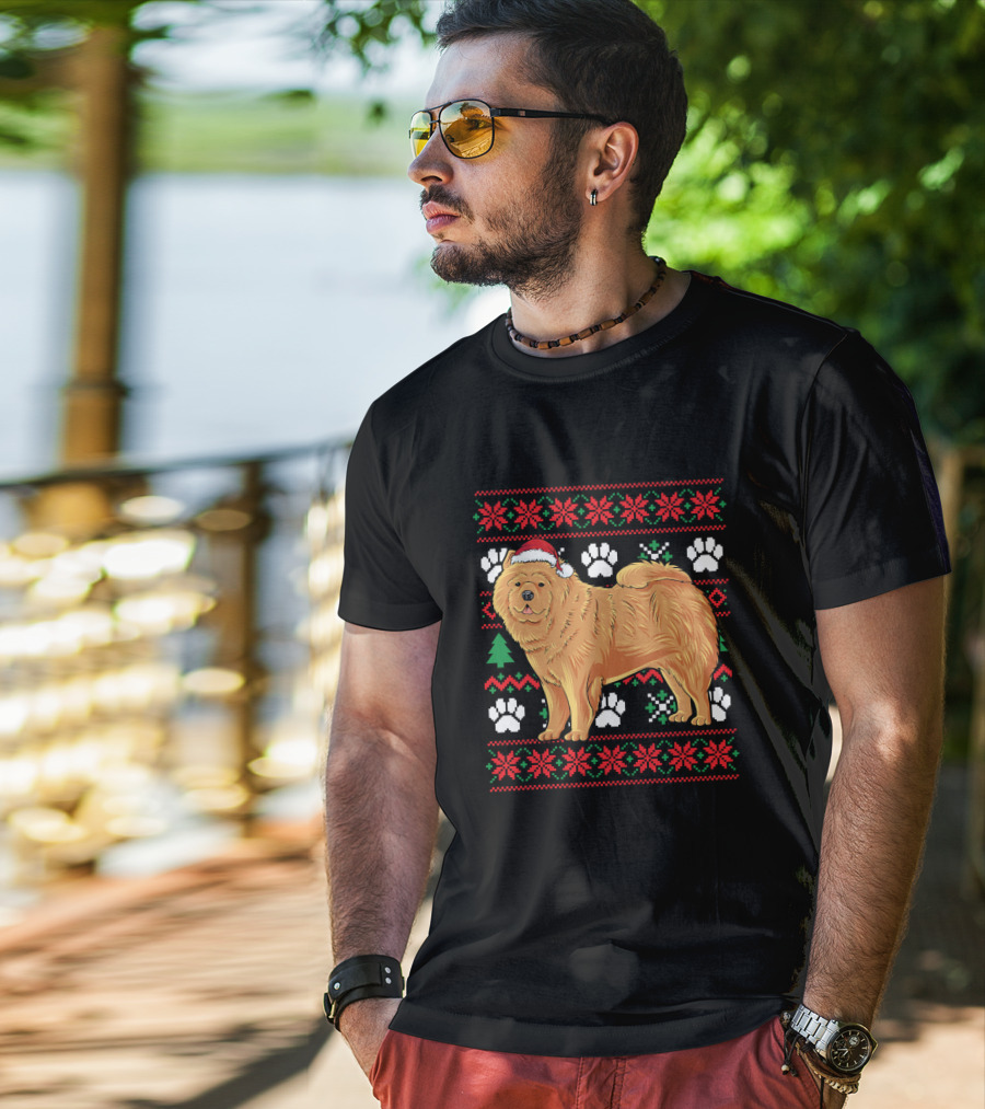 Chow Chow Ugly Christmas Sweater With Santa Hat And Paw Prints T-Shirt