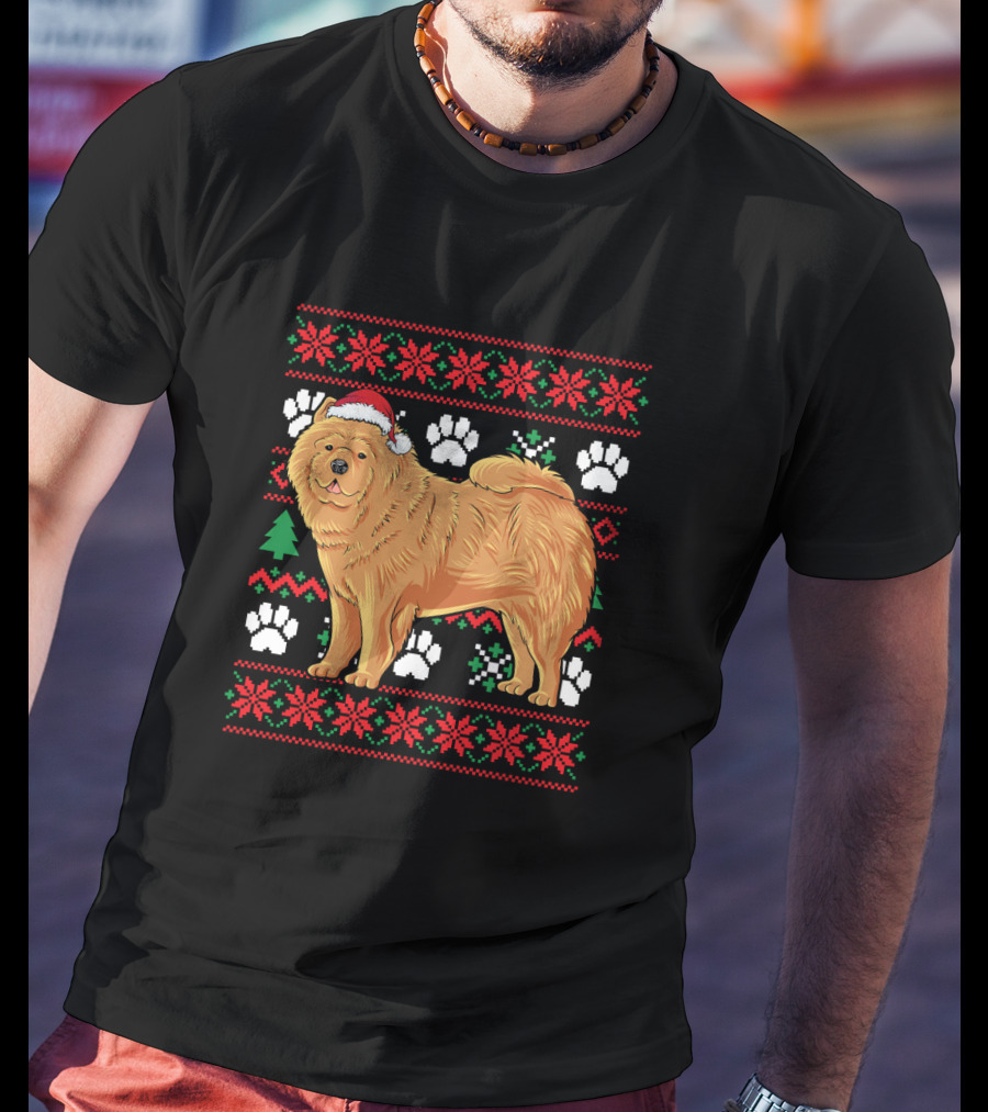 Chow Chow Ugly Christmas Sweater With Santa Hat And Paw Prints T-Shirt