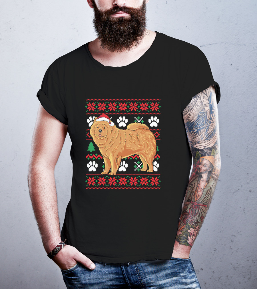 Chow Chow Ugly Christmas Sweater With Santa Hat And Paw Prints T-Shirt