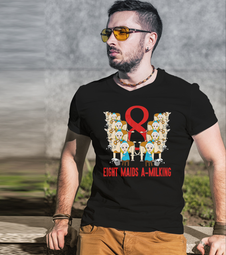 Eight Maids A-Milking Cows With Red Ribbon Background T-Shirt