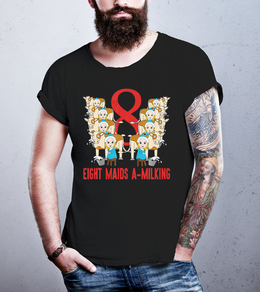 Eight Maids A-Milking Cows With Red Ribbon Background T-Shirt