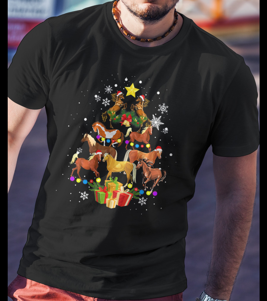 Horse Christmas Tree Festive Snowflakes T-Shirt