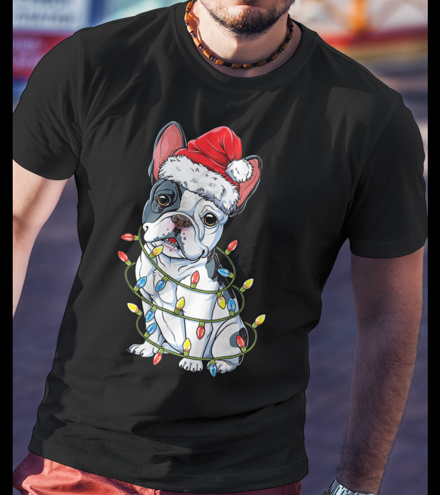 French Bulldog Christmas Santa Hat Festive Lights T-Shirt