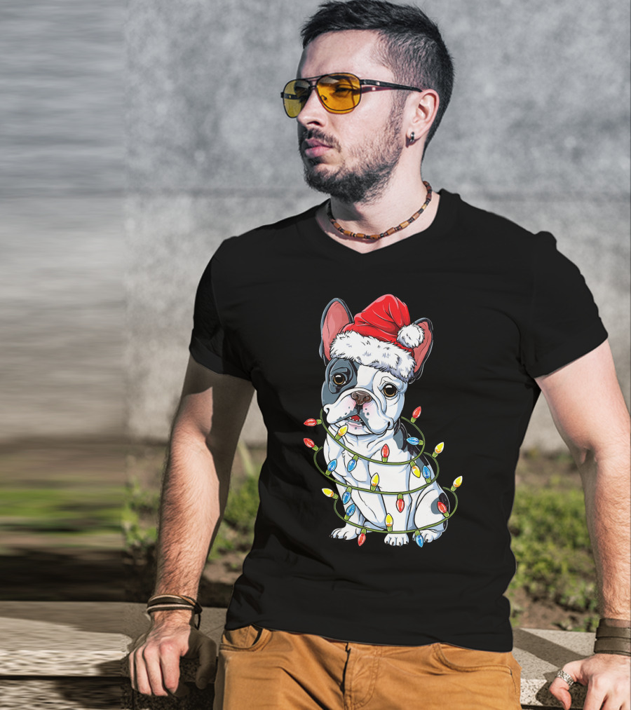 French Bulldog Christmas Santa Hat Festive Lights T-Shirt