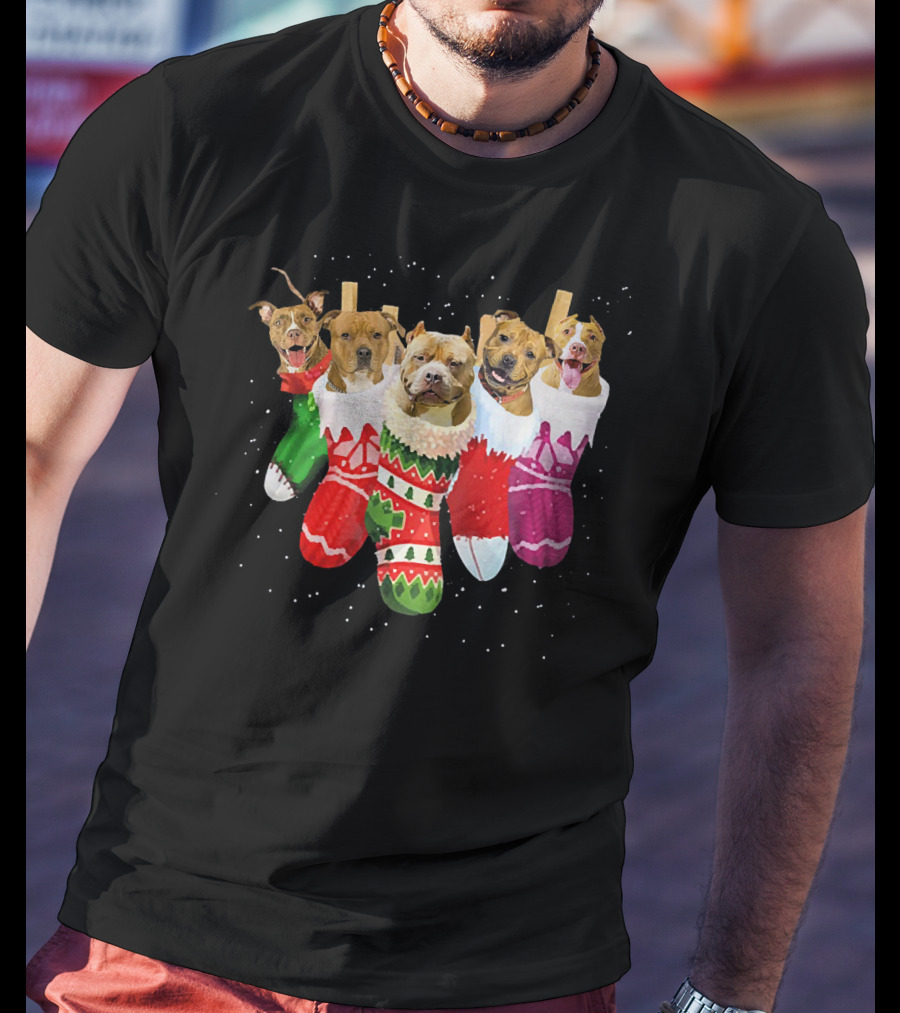 Pit Bull Dogs In Festive Christmas Stockings T-Shirt