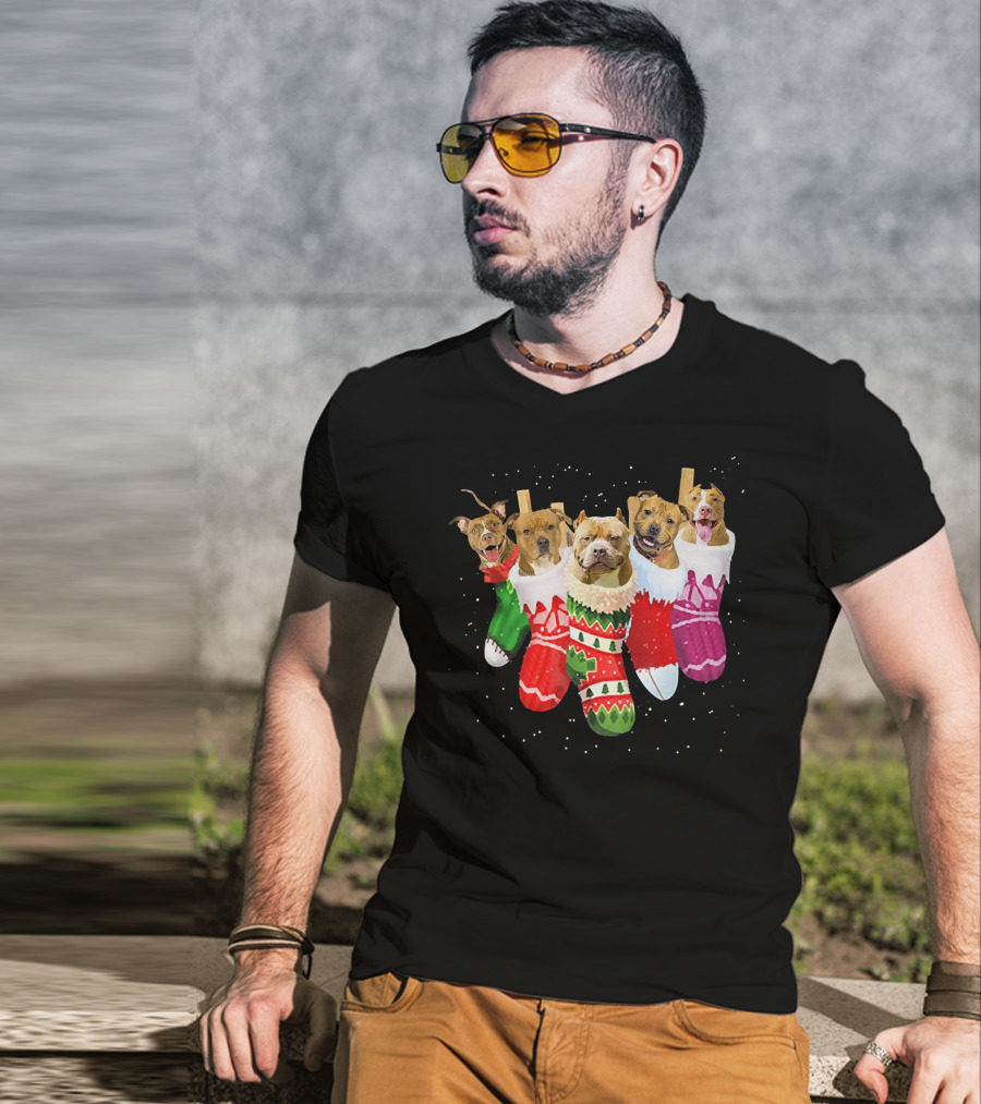 Pit Bull Dogs In Festive Christmas Stockings T-Shirt