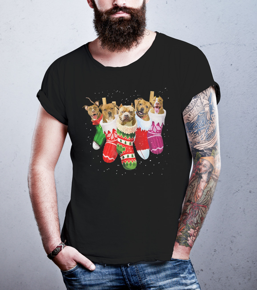 Pit Bull Dogs In Festive Christmas Stockings T-Shirt