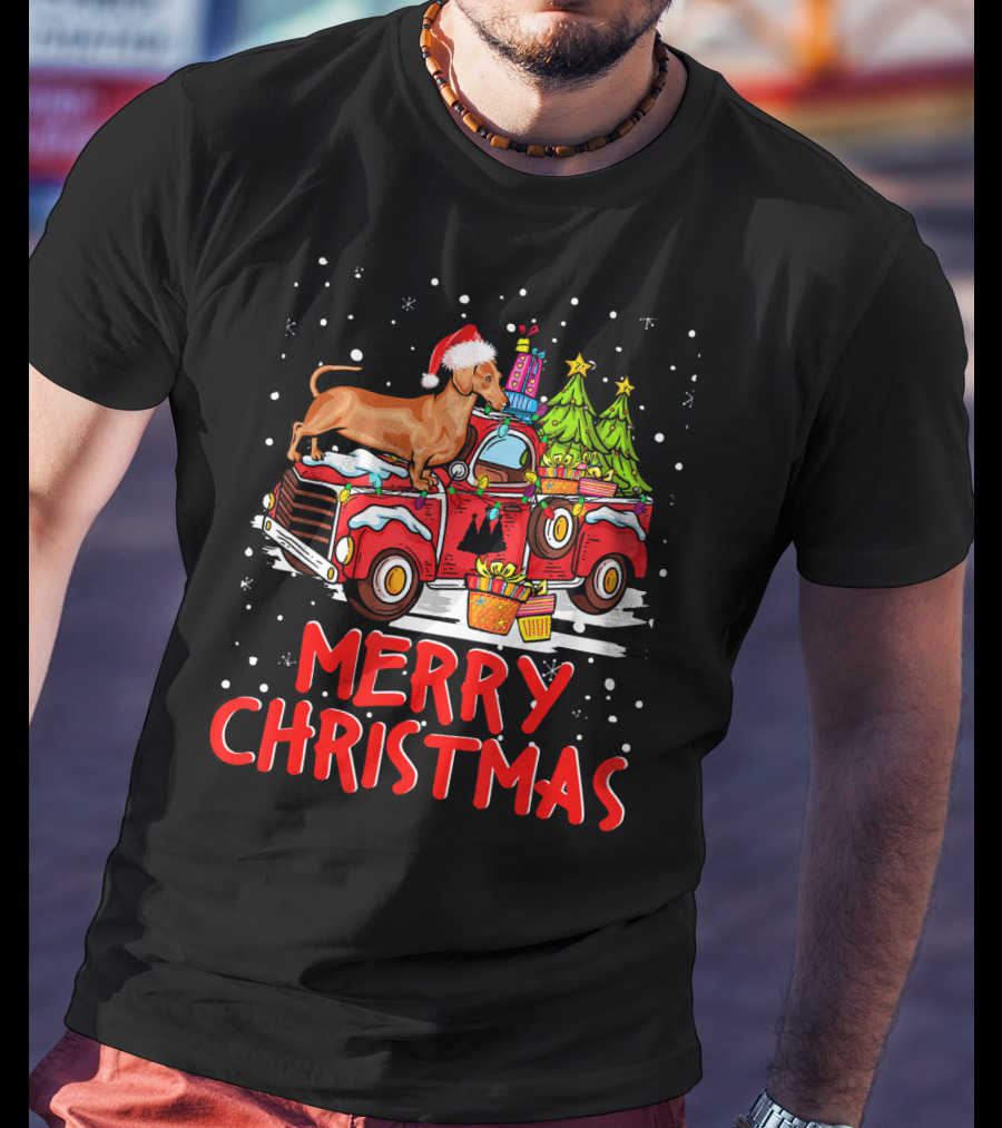 Merry Christmas Dachshund Santa Hat Red Truck With Gifts And Trees T-Shirt