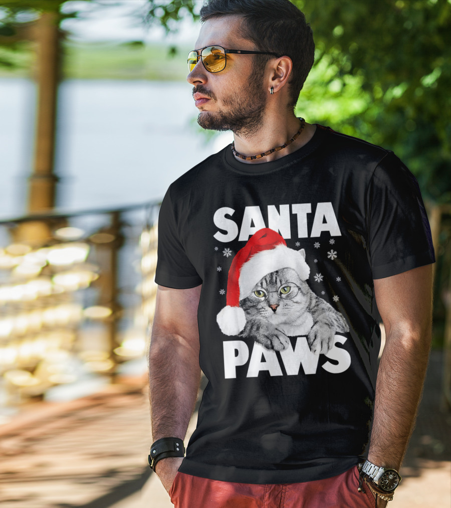 Santa Paws Christmas Kitty Cat Funny Graphic Snowflakes Hat T-Shirt