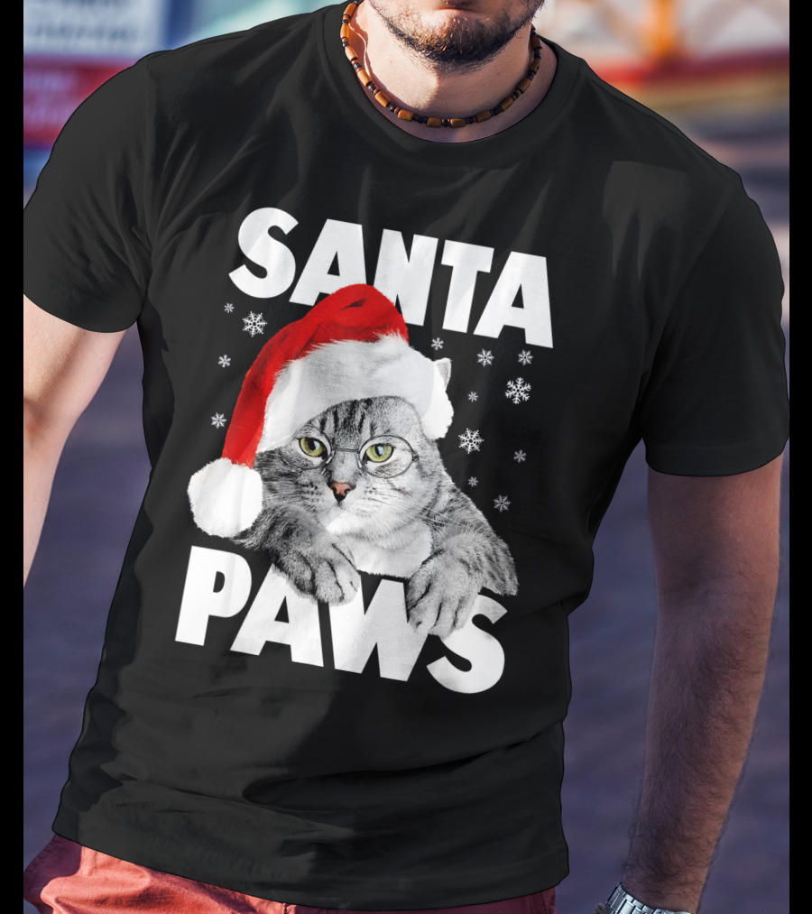 Santa Paws Christmas Kitty Cat Funny Graphic Snowflakes Hat T-Shirt